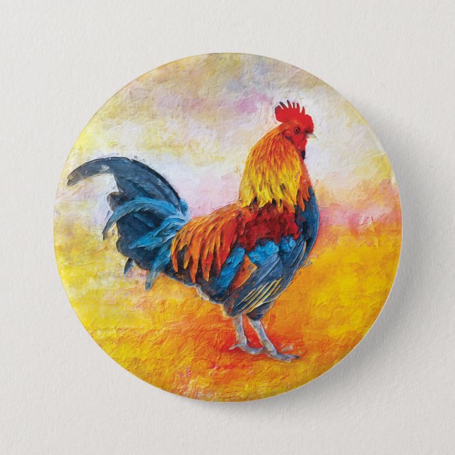 Colorful Rooster Digital Artwork Painting Button (Front)