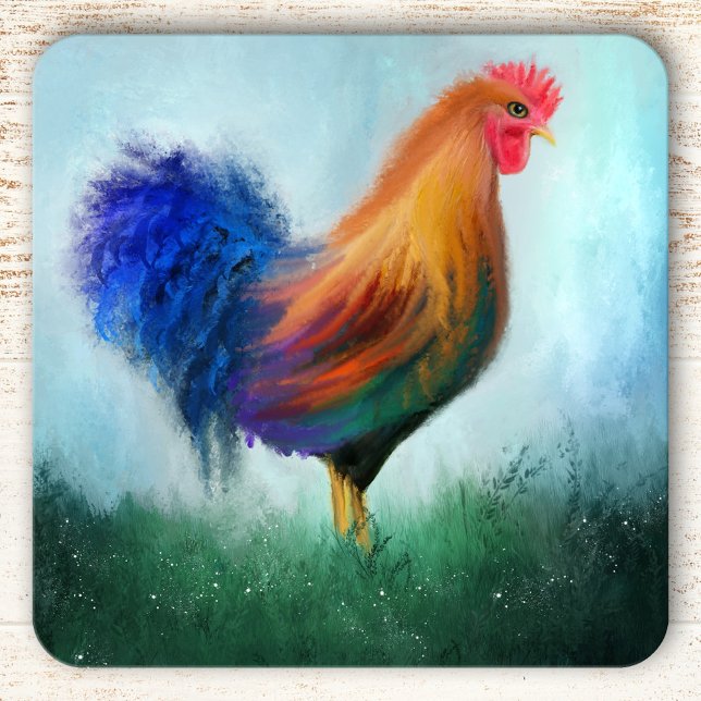 Colorful Rooster Fine Art Coasters (Fine art coaster featuring a painting of a colorful rooster in a grass field.)