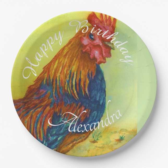 Colorful Rooster Happy Birthday Paper Plates (Front)