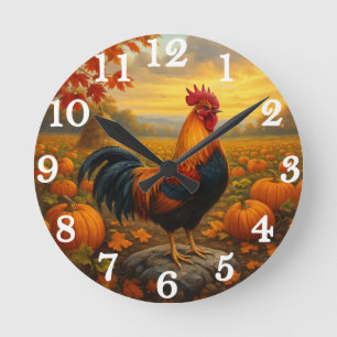 Colorful rooster in autumn harvest round clock