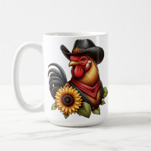 Colorful Rooster in Cowboy Hat with Sunflower Coffee Mug