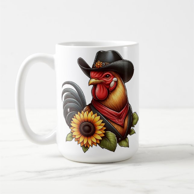 Colorful Rooster in Cowboy Hat with Sunflower  Coffee Mug (Left)