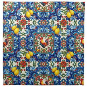 Colorful rooster,Mediterranean,mosaic,lemon, Cloth Napkin