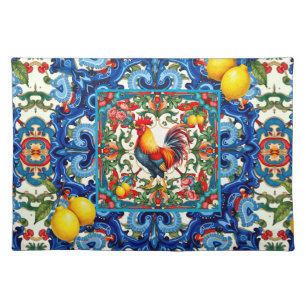 Colorful rooster,Mediterranean,mosaic,lemon, Cloth Placemat