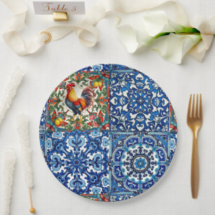 Colorful rooster,Mediterranean,mosaic,lemon, Paper Plates