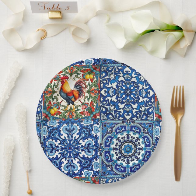 Colorful rooster,Mediterranean,mosaic,lemon, Paper Plates (Wedding)