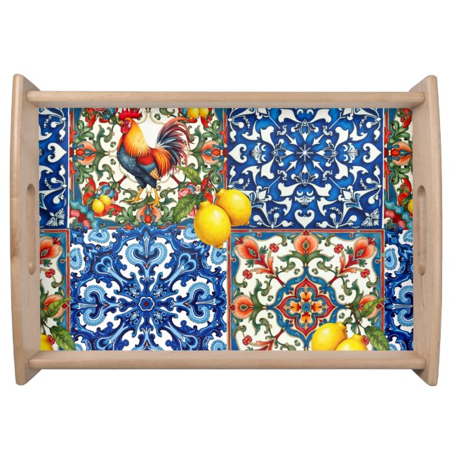 Colorful rooster,Mediterranean,mosaic,lemon, Serving Tray (Front)