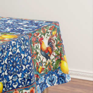 Colorful rooster,Mediterranean,mosaic,lemon, Tablecloth