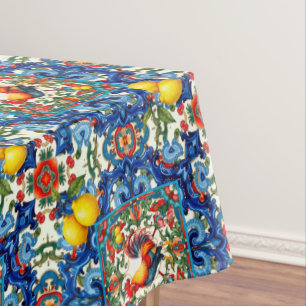 Colorful rooster,Mediterranean,mosaic,lemon, Tablecloth