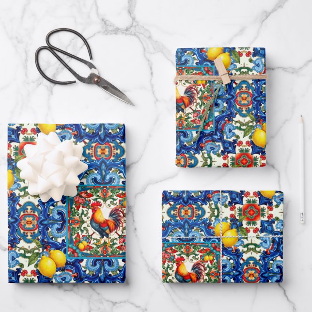 Colorful rooster,Mediterranean,mosaic,lemon, Wrapping Paper Sheets (Front)