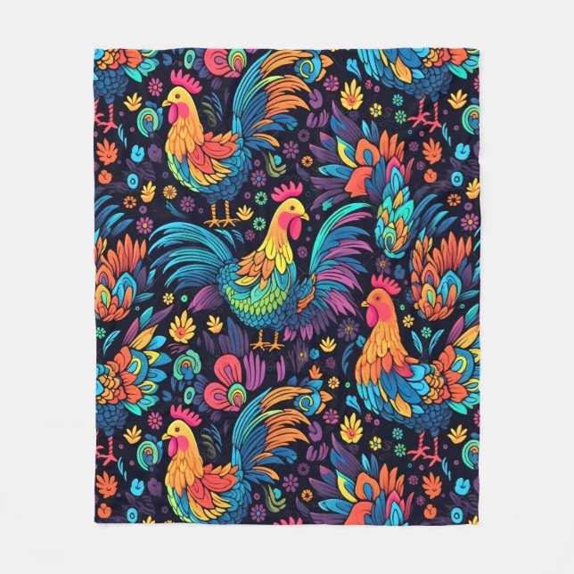 Colorful Rooster pattern Fleece Blanket (Front)