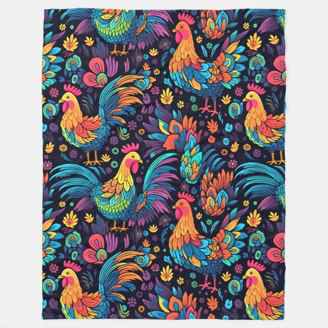 Colorful Rooster pattern Fleece Blanket (Front)
