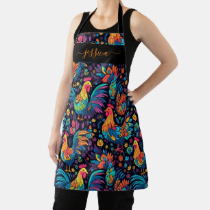 Colorful rooster pattern script name apron
