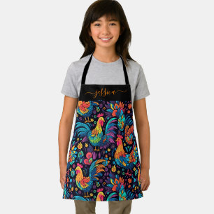Colorful rooster pattern script name girls apron