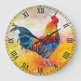 Colorful Rooster Roman Numbers Large Clock