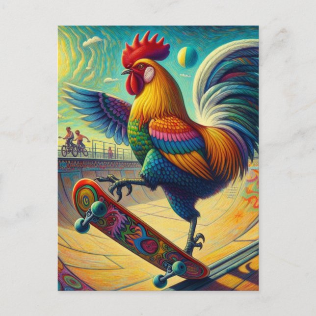 Colorful Rooster Skateboarding Postcard (Front)