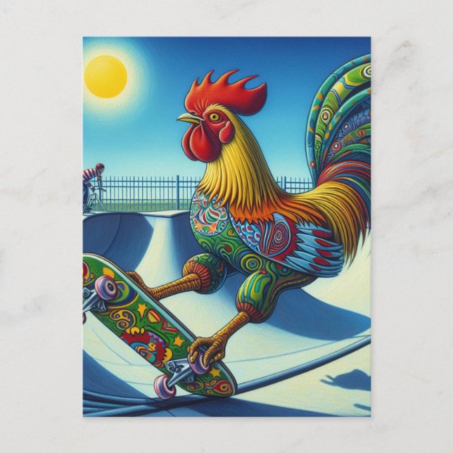 Colorful Rooster Skateboarding Postcard (Front)