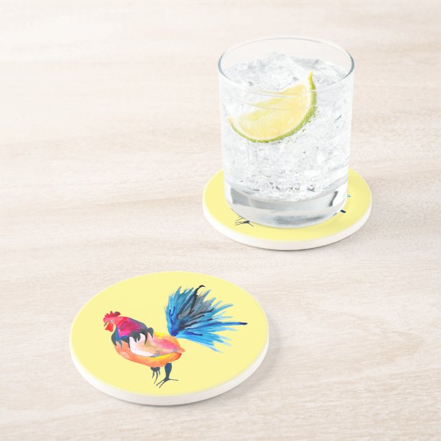 Colorful rooster watercolor animal coaster (Side)