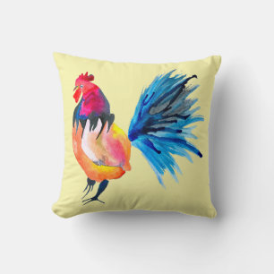 Colorful rooster watercolor animal throw pillow