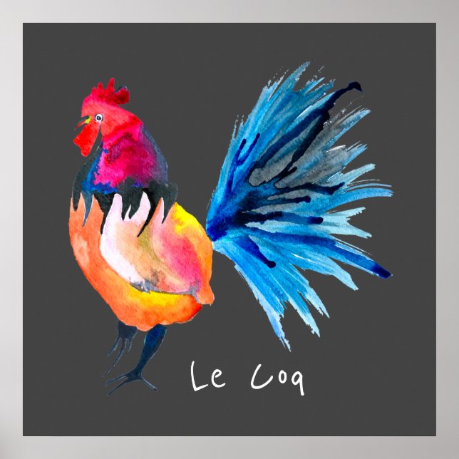 Colorful rooster watercolor Le Coq animal poster (Front)