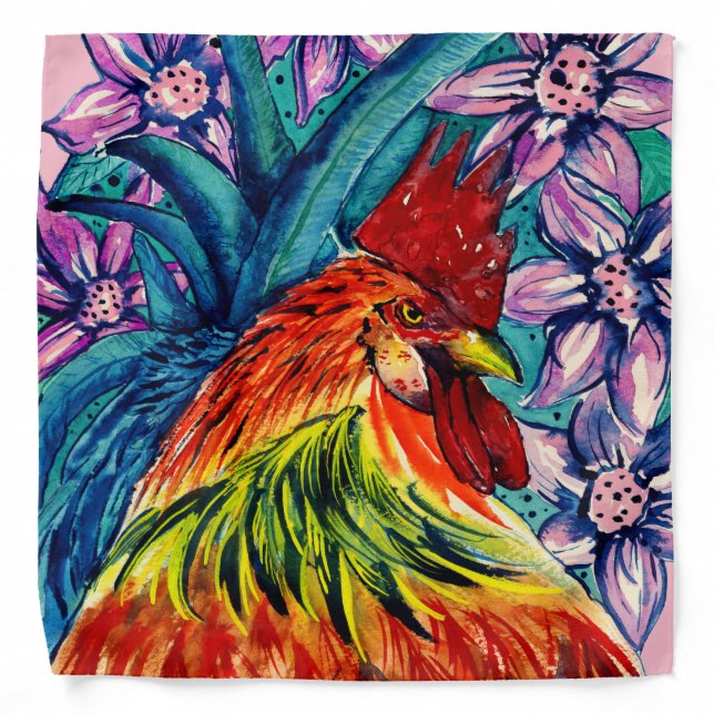 Colorful Rooster Watercolour Bandana (Front)