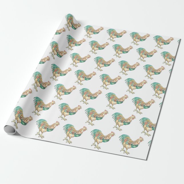 Colorful Rooster Wrapping Paper (Unrolled)
