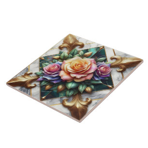 Colorful Rose Arrangement on Decorative Background Ceramic Tile