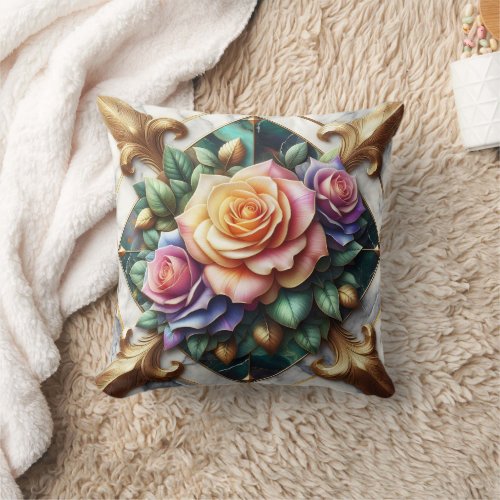 Colorful Rose Arrangement on Decorative Background Throw Pillow