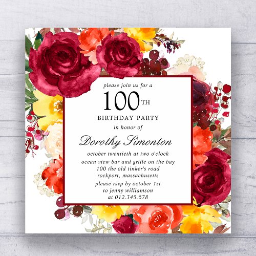 Colorful Rose Floral 100th Birthday Party Invitation