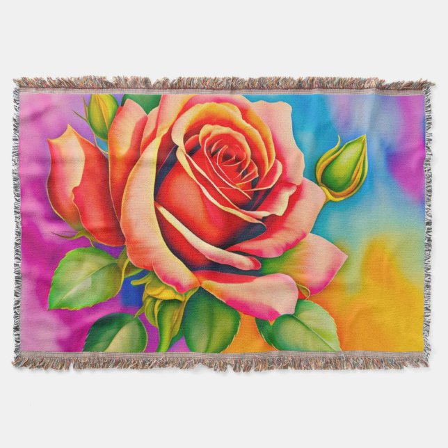 Colorful Rose Flower Digital Painting Throw Blanket (Front)