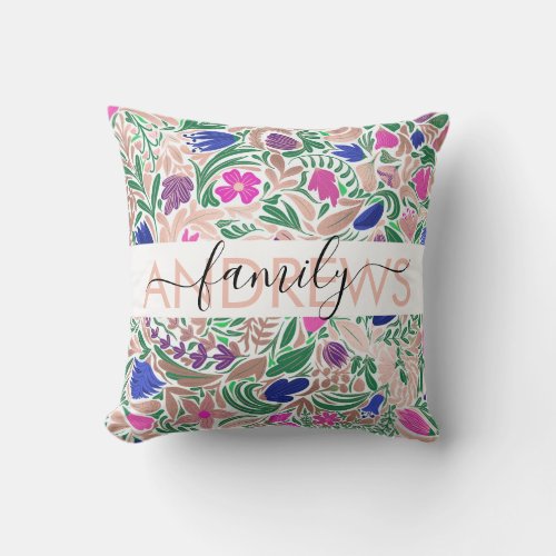 Colorful Rose Gold Floral Leaf Illustration Family Throw Pillow
