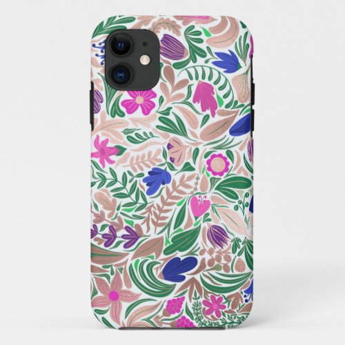 Colorful Rose Gold Floral Leaf Illustrations iPhone 11 Case