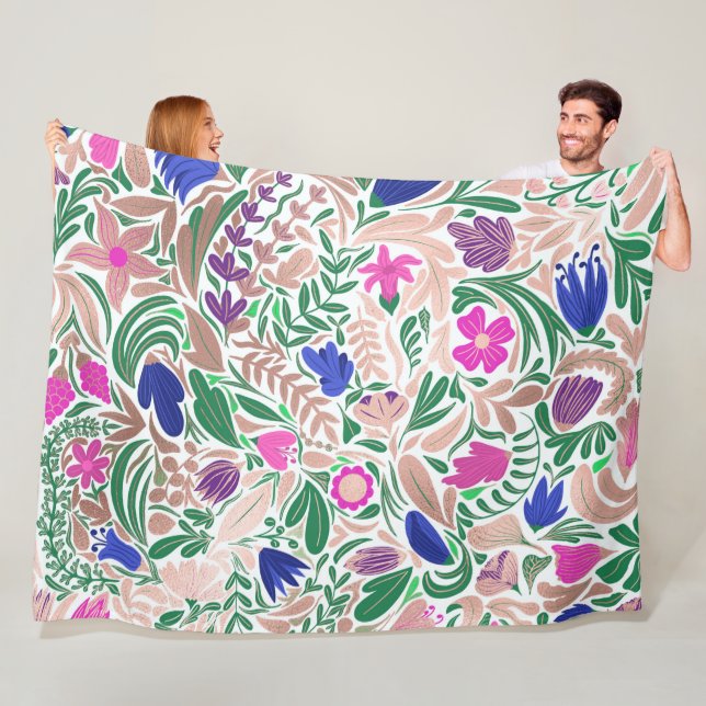 Colorful Rose Gold Floral Leaf Illustrations Fleece Blanket (In Situ)