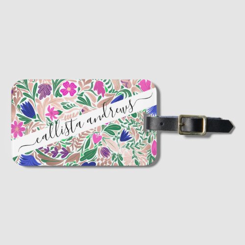 Colorful Rose Gold Floral Leaf Illustrations Luggage Tag