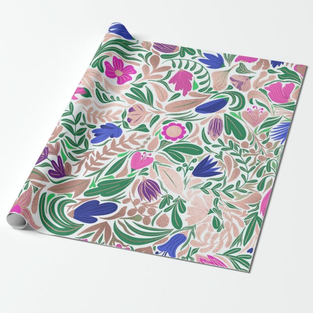 Colorful Rose Gold Floral Leaf Illustrations Wrapping Paper (Unrolled)