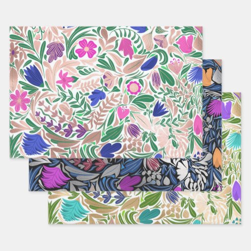 Colorful Rose Gold Floral Leaf Illustrations Wrapping Paper Sheets