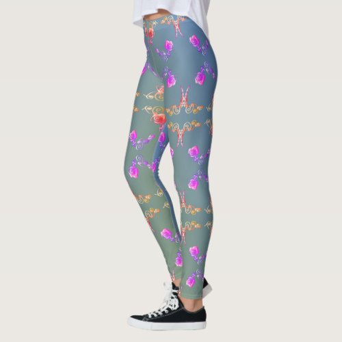 Colorful Rose Hearts on Pale Blue Moss Leggings