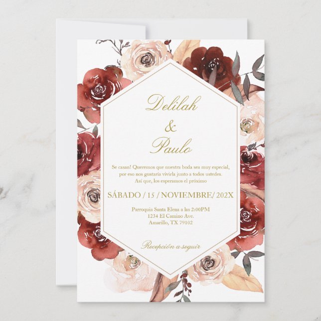 Colorful rose wedding Invitation in Spanish (Front)