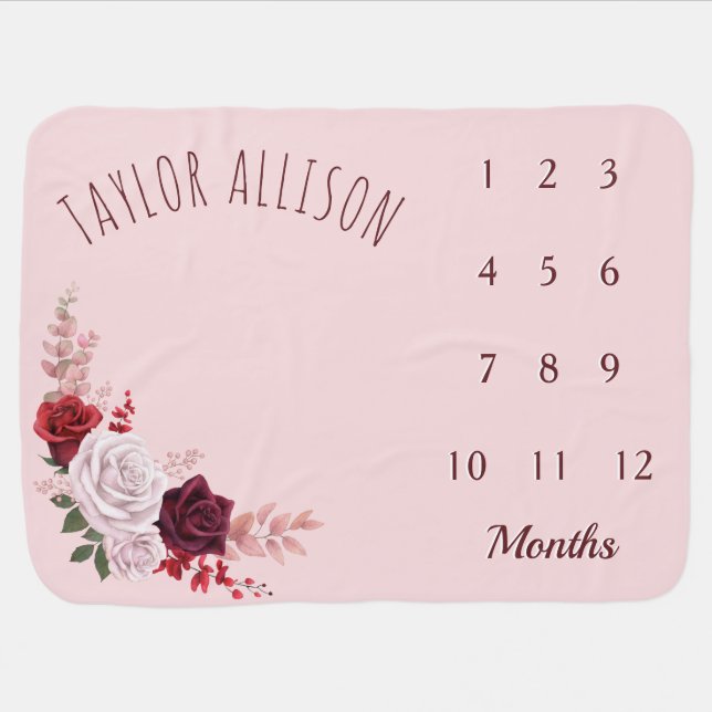 Colorful Roses Floral Botanical Girl Milestone  Baby Blanket (Horizontal)