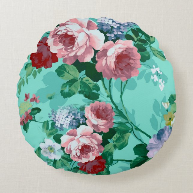 Colorful Roses & Flowers Round Pillow (Front)