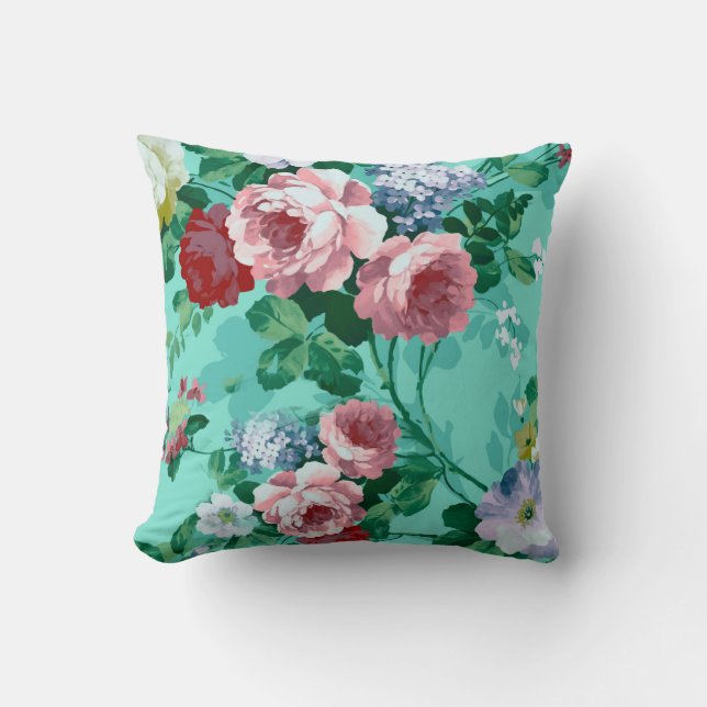 Colorful Roses & Flowers Throw Pillow (Front)