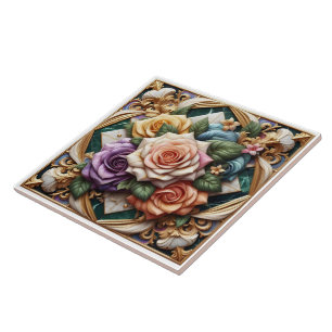 Colorful Roses in Decorative Floral Arrangement Ceramic Tile