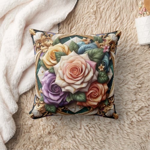 Colorful Roses in Decorative Floral Arrangement Throw Pillow