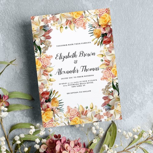 Colorful roses lilies orchids floral wedding invitation