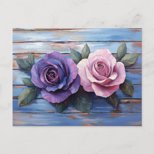 Colorful Roses on Rustic Wooden Background Postcard (Front)