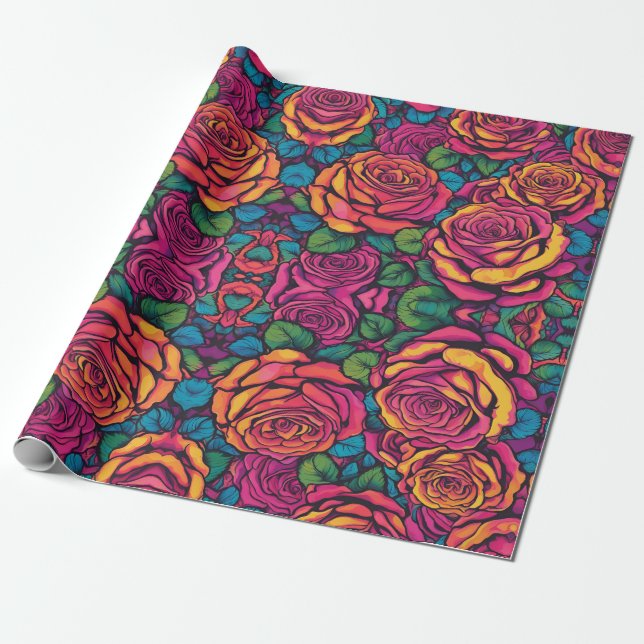 Colorful Roses Psychedelic Bright Flowers Retro  Wrapping Paper (Unrolled)