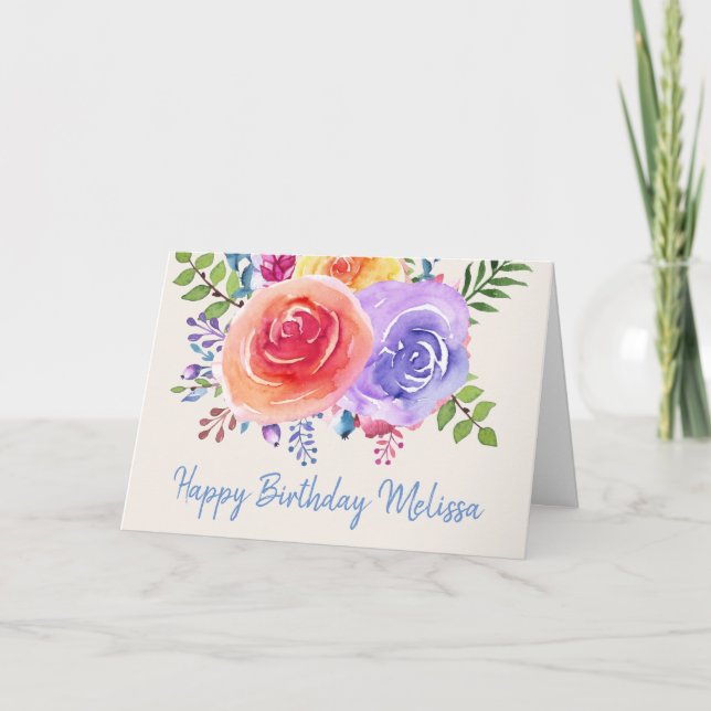 Colorful Roses Watercolor Floral Birthday Card (Front)