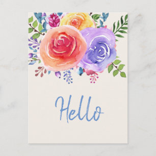 Colorful Roses Watercolor Floral Hello Postcard