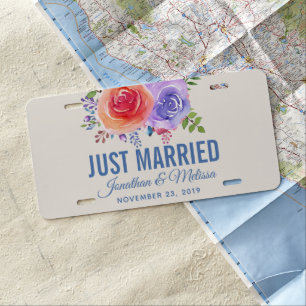 Colorful Roses Watercolor Floral Just Married License Plate