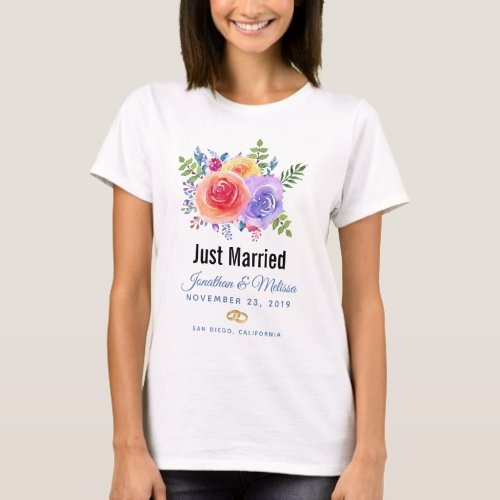 Colorful Roses Watercolor Floral Just Married T_Shirt